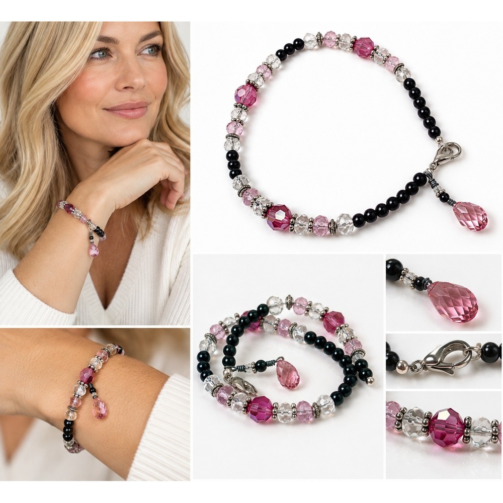 Pink Black Crystal Beaded Bracelet Womens Teardrop Charm Silver Tone Y2K Boho
